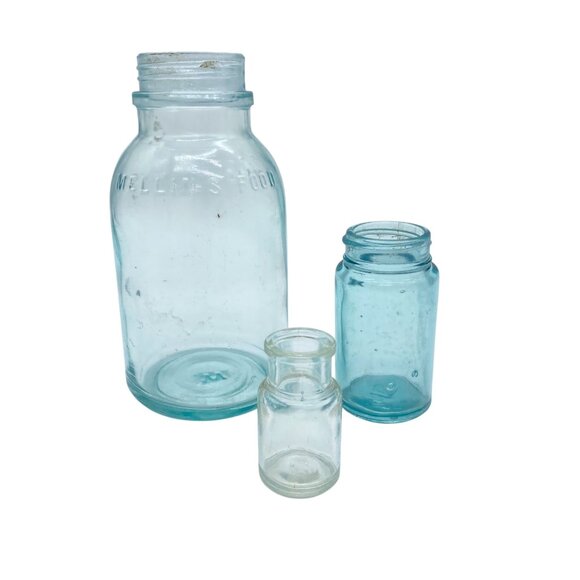 Vintage Lot of 3 Mellin's Food Jar Variety Glass Aqua Blue Clear 1 UV Reactive - Picture 1 of 16